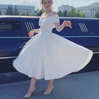 Fashion Cute Off the Shoulder White Satin Tea Length with Pockets - Thumbnail 1