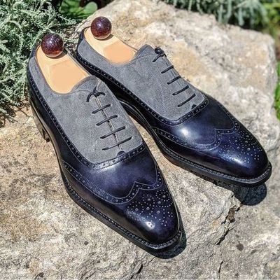 Handmade men navy blue & gray shoes, best wing tip leather shoes for men - Thumbnail 1