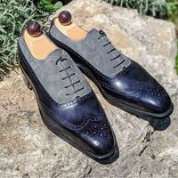 Handmade Men Navy Blue & Gray shoes, Best Wing Tip leather Shoes for Men - Thumbnail 1