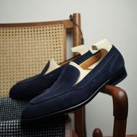Elegant Navy Moccasin Handmade Suede Wedding Shoes,Men's Loafer Shoes - Thumbnail 1