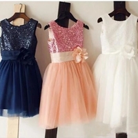 Vintage Navy Blue Sequins Flower Girls Dresses, Short Tulle Birthday Girl Dresses - Thumbnail 1