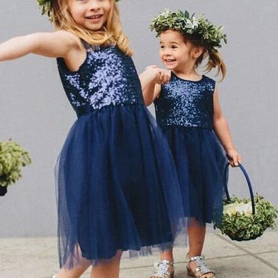 Vintage navy blue sequins flower girls dresses, short tulle birthday girl dresses