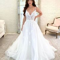 Fashion Ball Gown V Neck Tulle & Organza White Wedding Dresses with Appliques - Thumbnail 1