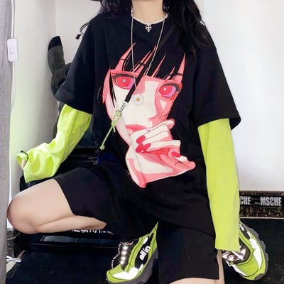 Harajuku girl fake two pieces black t-shirt