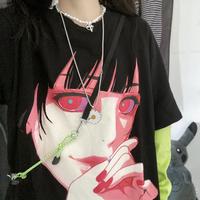 Harajuku Girl Fake Two Pieces Black T-shirt - Thumbnail 2