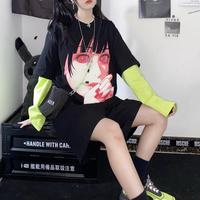 Harajuku Girl Fake Two Pieces Black T-shirt - Thumbnail 5