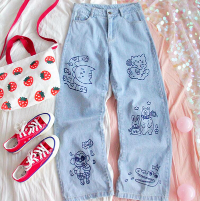 Cute Animals Printed Denim Pants