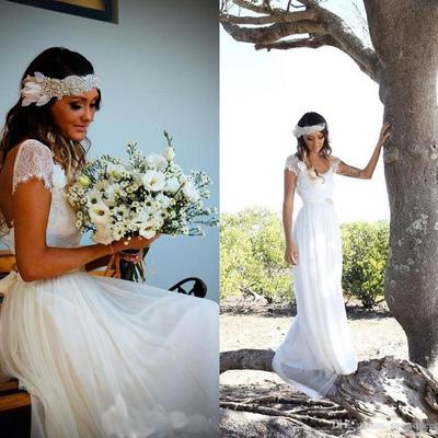 Beautiful long ivory lace chiffon beach wedding dresses,cheap wedding gowns,cap sleeves wedding gowns,617