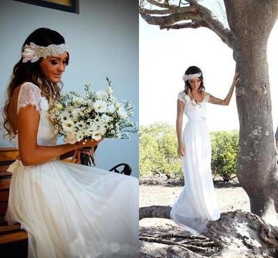 Beautiful Long Ivory Lace Chiffon Beach wedding Dresses,Cheap Wedding Gowns,Cap Sleeves Wedding Gowns,617