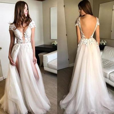 High side split sheer bohemian wedding dresses v neck lace appliqued bridal gown,618