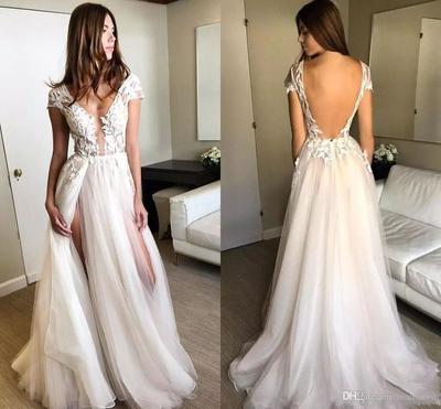High Side Split Sheer Bohemian Wedding Dresses V Neck Lace Appliqued Bridal Gown,618