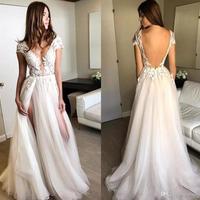 High Side Split Sheer Bohemian Wedding Dresses V Neck Lace Appliqued Bridal Gown,618 - Thumbnail 2