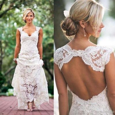 Full lace wedding dresses country style pluging v neck cap sleeves keyhole back a line vintage custom made bridal gowns,619