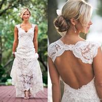 Full Lace Wedding Dresses Country Style Pluging V Neck Cap Sleeves Keyhole Back A Line Vintage Custom Made Bridal Gowns,619 - Thumbnail 1