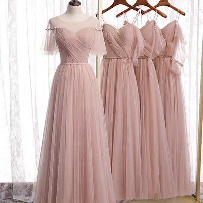 Pink a line tulle long prom dress bridesmaid dress - Thumbnail 5