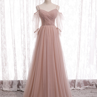 Pink A line tulle long prom dress bridesmaid dress - Thumbnail 2