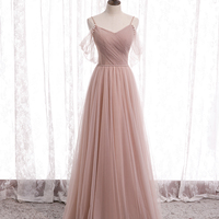 Pink A line tulle long prom dress bridesmaid dress - Thumbnail 5