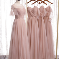 Pink A line tulle long prom dress bridesmaid dress - Thumbnail 7