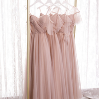 Pink A line tulle long prom dress bridesmaid dress - Thumbnail 1