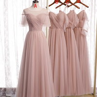 Pink A line tulle long prom dress bridesmaid dress - Thumbnail 8