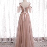 Pink A line tulle long prom dress bridesmaid dress - Thumbnail 6