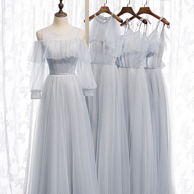 Gray a line tulle long prom dress bridesmaid dress - Thumbnail 5