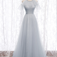 Gray A line tulle long prom dress bridesmaid dress - Thumbnail 1