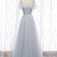 Gray A line tulle long prom dress bridesmaid dress - Thumbnail 2