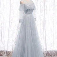 Gray A line tulle long prom dress bridesmaid dress - Thumbnail 4