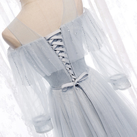 Gray A line tulle long prom dress bridesmaid dress - Thumbnail 5