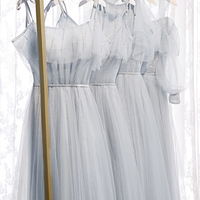 Gray A line tulle long prom dress bridesmaid dress - Thumbnail 6