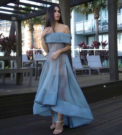 Off the Shoulder Dusty Blue Prom Dresses 