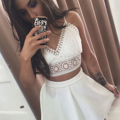 White boho two piece homecoming dresses  - Thumbnail 1
