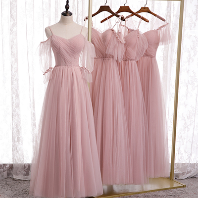 Cute a line tulle long prom dress bridesmaid dress - Thumbnail 3