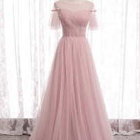 Cute A line tulle long prom dress bridesmaid dress - Thumbnail 4