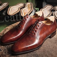 New Handmade Wingtip Men's Leather Oxfords Shoes, Best Handmade Formal Oxfords Shoes - Thumbnail 1