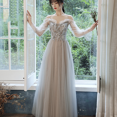 Gray tulle lace long prom dress evening dress - Thumbnail 5