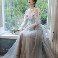 Gray tulle lace long prom dress evening dress - Thumbnail 1