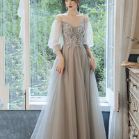 Gray tulle lace long prom dress evening dress - Thumbnail 2
