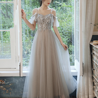 Gray tulle lace long prom dress evening dress - Thumbnail 3