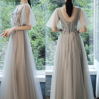 Gray tulle lace long prom dress evening dress - Thumbnail 5