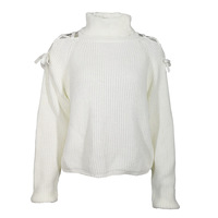 Striped High Neck White Knit Long Sleeve Sweater - Thumbnail 1