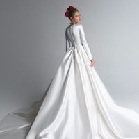 Elegant A-Line Round Neck Long Sleeves Satin Wedding Dresses with Train - Thumbnail 1