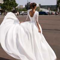 Ball Gown Boat Neck 3/4 Sleeves Satin Wedding Dresses with 3d Flowers Appliques - Thumbnail 1