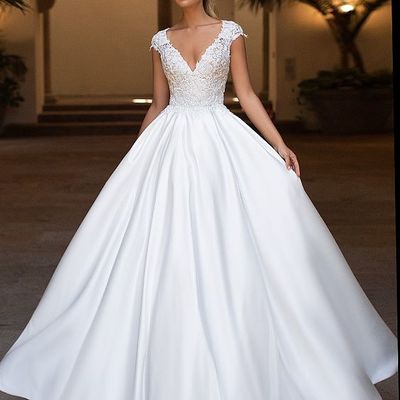 Elegant a-line v neck cap sleeves satin wedding dresses with appliques - Thumbnail 4