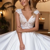 Elegant A-Line V Neck Cap Sleeves Satin Wedding Dresses with Appliques - Thumbnail 1