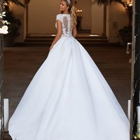 Elegant A-Line V Neck Cap Sleeves Satin Wedding Dresses with Appliques - Thumbnail 2