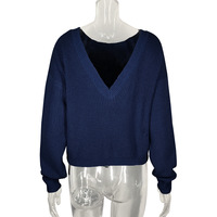 Long Sleeve Knit Open Back Solid Color Sweater - Thumbnail 3