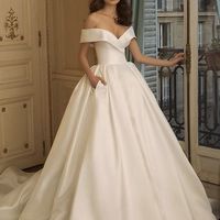 Charming A-Line Off the Shoulder Satin Wedding Dresses with Pockets - Thumbnail 1
