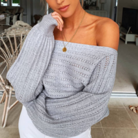 Solid Color Long-Sleeved One-Shoulder Knitted Sweater - Thumbnail 2